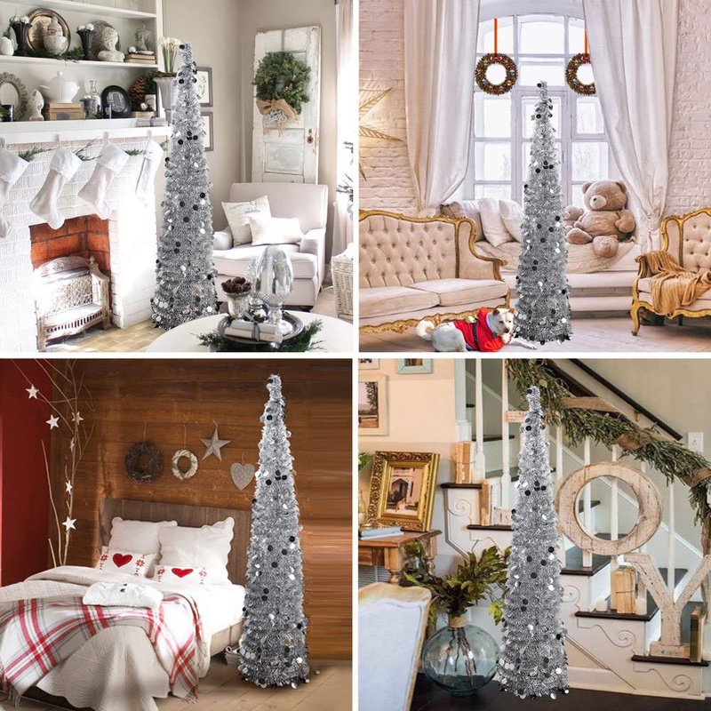 PartyTalk 5ft Pop Up Christmas Tree with Stand, Silver Tinsel Collapsible Artificial Christmas Tree for Holiday Christmas Home Decorations Home & Garden > Decor > Seasonal & Holiday Decorations > Christmas Tree Stands PartyTalk   