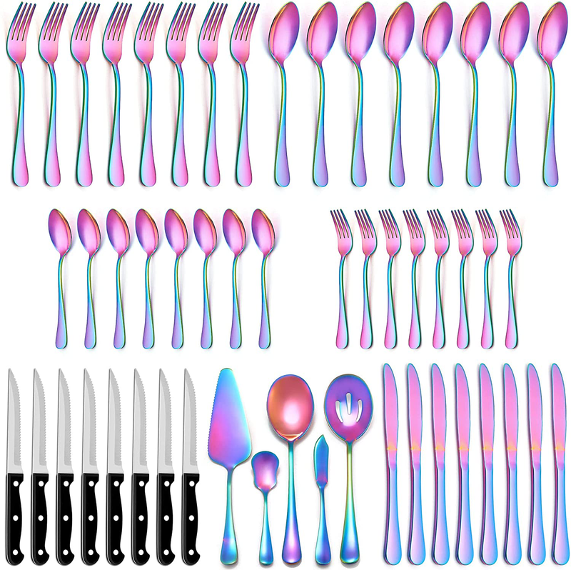 LIANYU 53-Piece Silverware Set with Steak Knives and Serving Utensils, Stainless Steel Flatware Cutlery Set Service for 8, Eating Utensil Set for Home Party Wedding, Dishwasher Safe, Mirror Finished Home & Garden > Kitchen & Dining > Tableware > Flatware > Flatware Sets LIANYU Rainbow 53 
