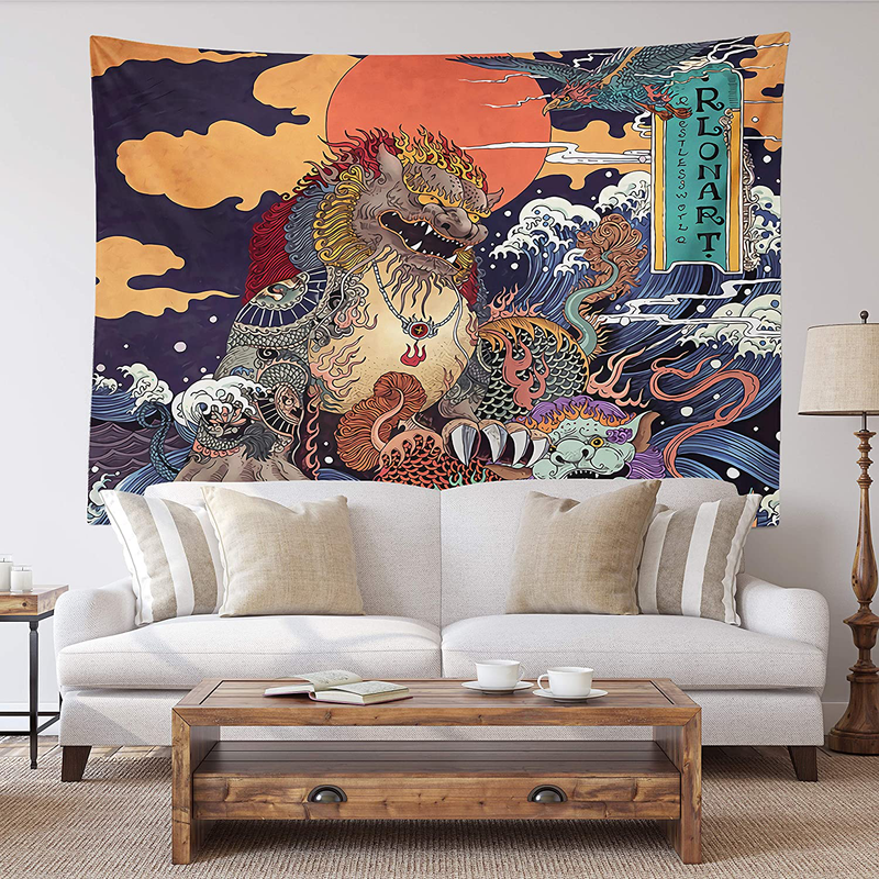 Spanker Space Ukiyoe Red White and Blue Japanese Mythical Creature The Great Waves Godzilla Fabric Tapestry 60 x 80 inches Wall Hangings with Hanging Accessories for Wall Art Home Dorm Decor Home & Garden > Decor > Seasonal & Holiday Decorations SPANKER SPACE Mythical Creaturelight 60" L x 80" W 