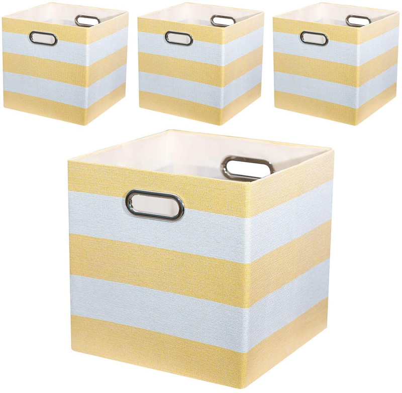 Storage Bins Storage Cubes, 13×13 Fabric Storage Boxes Foldable Baskets Containers Drawers for Nurseries,Offices,Closets,Home Décor ,Set of 4 ,Grey-white Striped Home & Garden > Decor > Seasonal & Holiday Decorations Posprica Yellow-white Striped 11×11×11/4pcs 