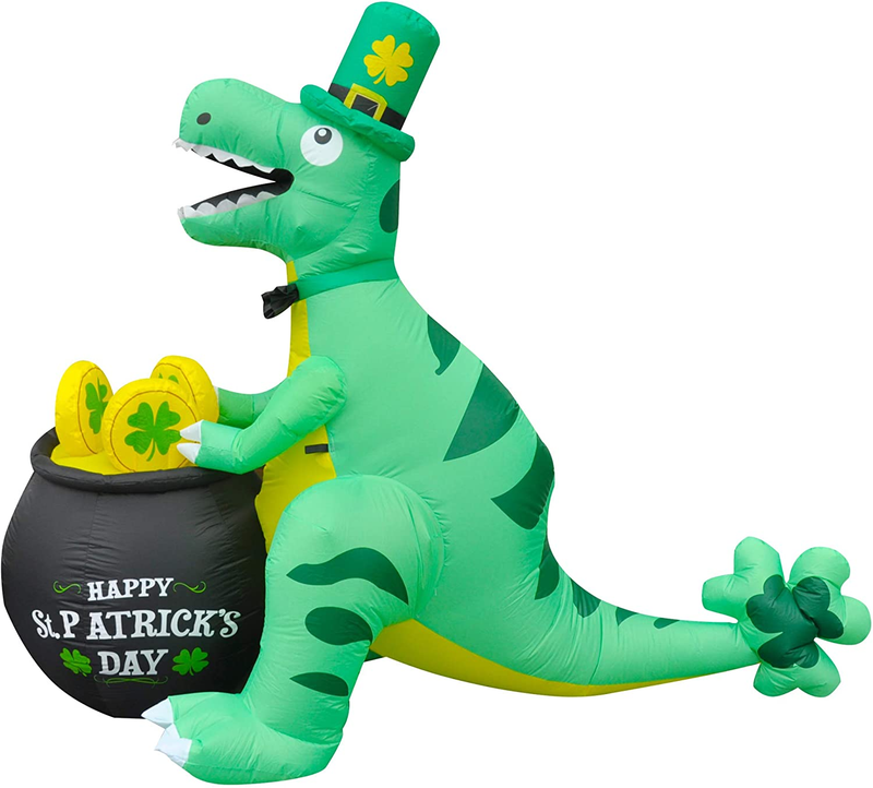 SEASONBLOW 6 Ft LED Light up Inflatable St. Patrick'S Day Dinosaur Dragon with Pot of Gold Decoration for Home Yard Lawn Garden Indoor Outdoor