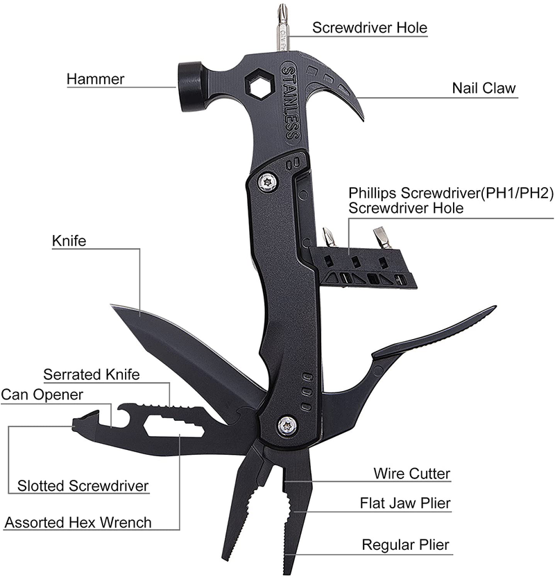 Multitool with Claw Hammer, Stainless Steel Portable Survival Tool with Hammer, Screwdrivers, Nail Puller for Camping,Hiking or Outdoor, Survival in Emergency, Gifts for Men and Women, Black Sporting Goods > Outdoor Recreation > Camping & Hiking > Camping Tools YiQu Tech   