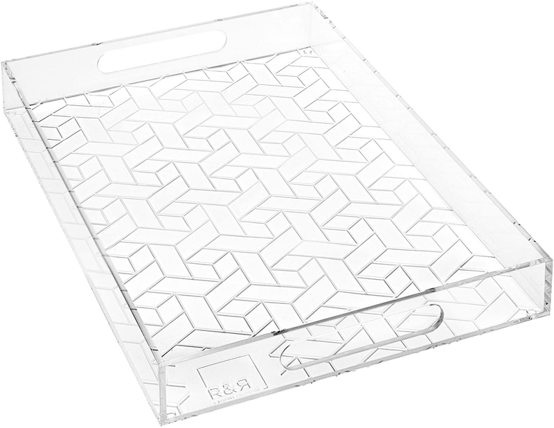 R&R Clear Acrylic Tray with Handles - 17" x 12" (Floral). Spillproof Design Makes This The Perfect Large Serving Tray, Vanity Tray, Bathroom Tray, Coffee Table Tray, Bed Tray or Decorative Tray… Home & Garden > Decor > Decorative Trays R&R A Bespoke Collection Clear With White Geometric  