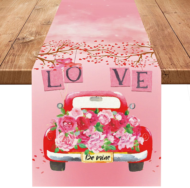 Joyiou Flower Love Red Truck Table Runner, Seasonnal Valentine'S Day Wedding Anniversary Decor Supplies, Kitchen Dining Table Decoration for Indoor Outdoor Home Party Decor 13 X 72 Inch Home & Garden > Decor > Seasonal & Holiday Decorations Joyiou   