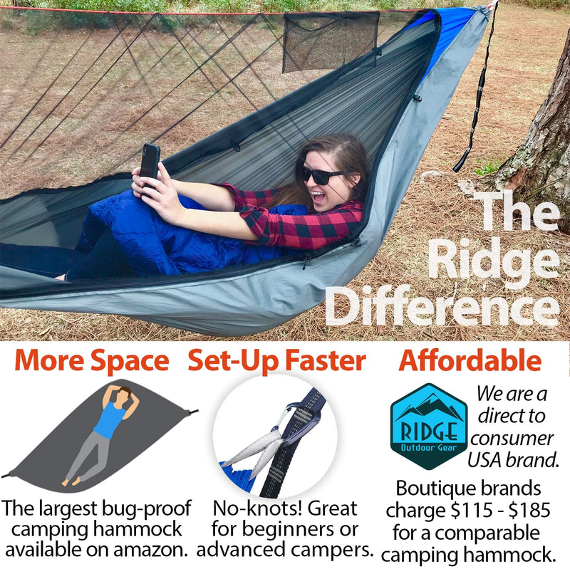 Ridge Outdoor Gear 11ft Camping Hammock with Mosquito Net - Pinnacle 180 Ultralight Hammock Tent Bundle with Bug Netting, Straps, and Carabiners Half-Zip Style