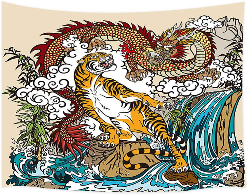 JAWO Asian Tapestry, Chinese Dragon and Tiger in The Landscape with Waterfall Wall Tapestry, Wall Art Hanging for Bedroom Living Room Dorm 71X60Inches Home & Garden > Decor > Artwork > Decorative Tapestries JAWO 71''W By 60''L  