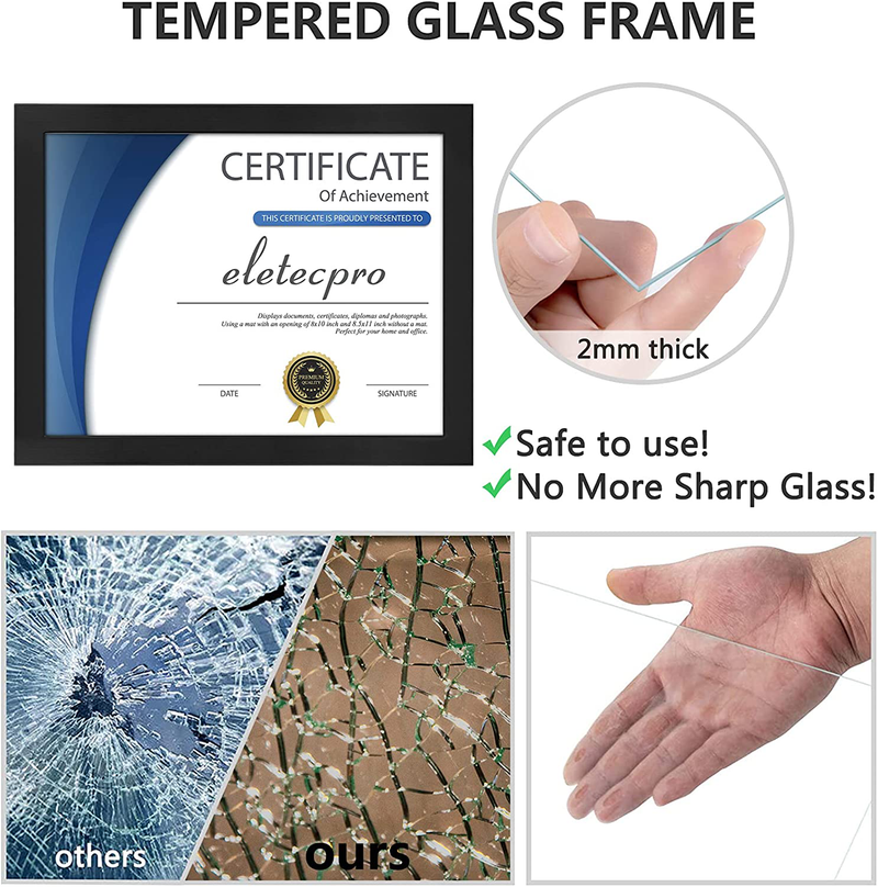 eletecpro 8.5x11 Diploma Certificate Frame, Picture Frame Made of Solid Wood and Tempered Glass with Mats - Display 5x7/6x8 With Mat and 8.5x11 Without Mat Home & Garden > Decor > Picture Frames eletecpro   