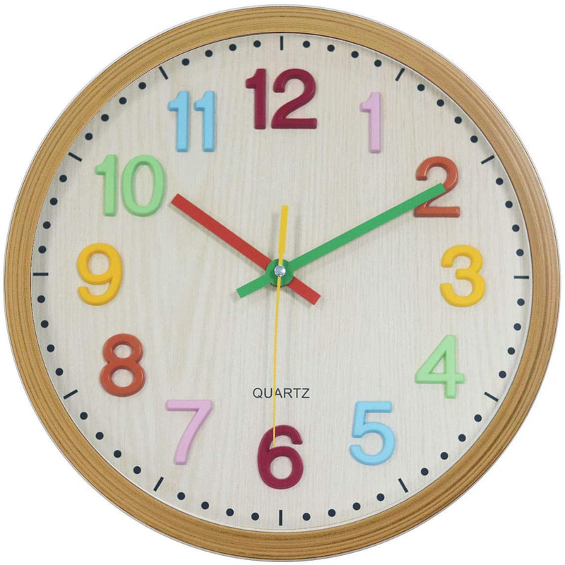 Foxtop Silent Kids Wall Clock 12 Inch Non-Ticking Battery Operated Colorful Decorative Clock for Children Nursery Room Bedroom School Classroom - Easy to Read (Colorful Numbers, 12 inch)