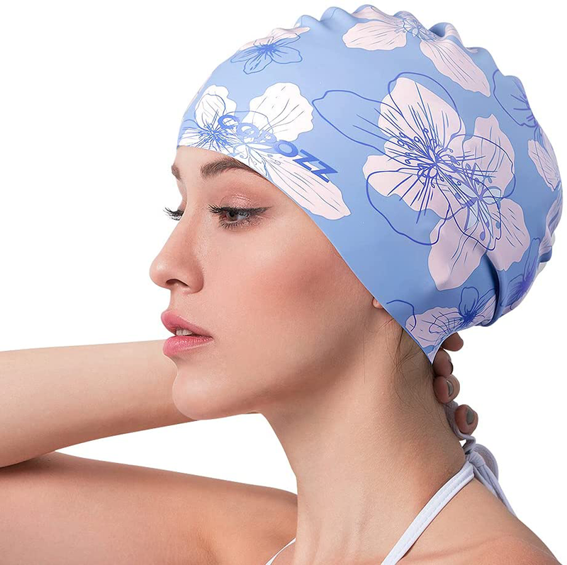 COPOZZ Kids/Adult Swim Caps, Silicone Waterproof Comfy Bathing Cap Swimming Hat for Long and Short Hair Sporting Goods > Outdoor Recreation > Boating & Water Sports > Swimming > Swim Caps COPOZZ Blue Flower-12yrs+  