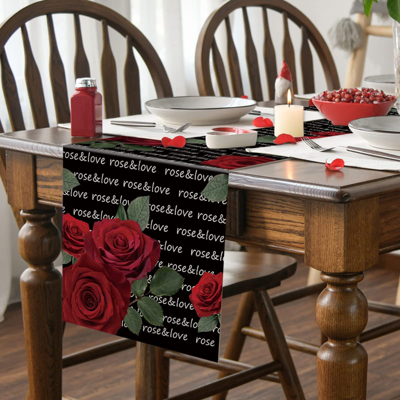 GAGEC Valentines Day Table Runner Rose Love Happy Valentine'S Day 13 X 72 Inch Black Table Runners Dining Indoor Outdoor Decorations Home Kitchen Party Wedding Anniversary Decor Home & Garden > Decor > Seasonal & Holiday Decorations GAGEC   