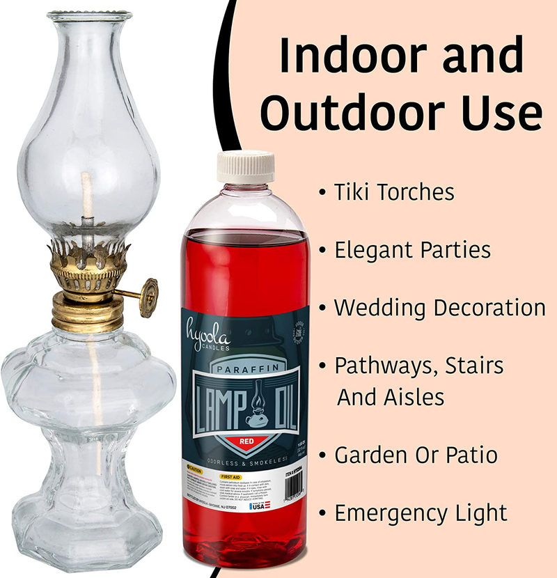 Liquid Paraffin Lamp Oil - Red Smokeless, Odorless, Ultra Clean Burning Fuel for Indoor and Outdoor Use - Highest Purity Available - 32oz - by Hyoola Candles