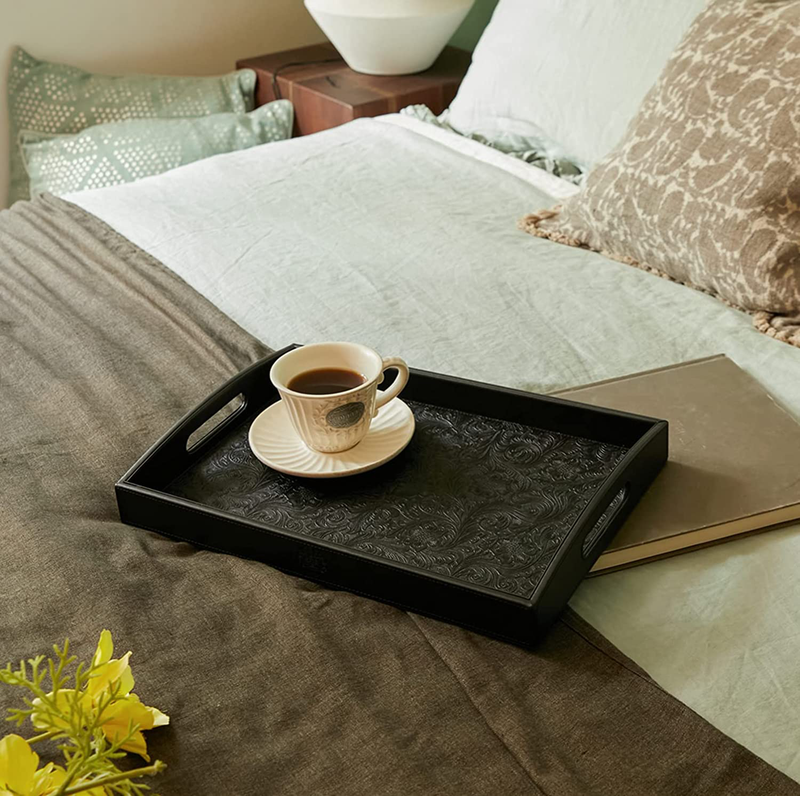 Serving Tray with Handles,Ottoman Decorative Platters,for Coffee Tables,Breakfast in Bed Tray, for Bar Catering Party Kitchen,Artificial Leather Embossed,Black,16×11.8 in Home & Garden > Decor > Decorative Trays ZADA the   