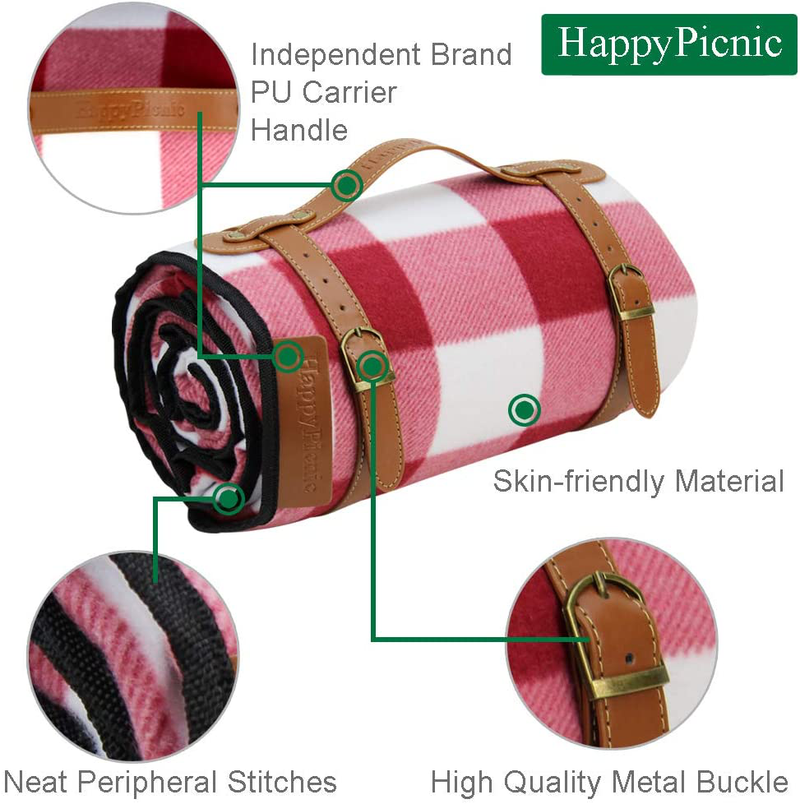 Extra Large Picnic Blanket, 79" x 59" Soft Fleece Thick Beach Mat with PU Carrier and Waterproof Backing, Family Outdoor Travel Camping Rug, Portable, Light Weight and Sand-Proof - Red Check Home & Garden > Lawn & Garden > Outdoor Living > Outdoor Blankets > Picnic Blankets HappyPicnic   