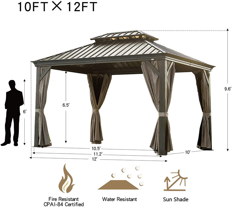 Outdoor Hardtop Gazebo (2021 New) - Galvanized Steel Double Roof,Patio Gazebo Canopy with Privacy Curtains and Net,Permanent Aluminum Frame (Calaro 10'x12') by domi outdoor living Home & Garden > Lawn & Garden > Outdoor Living > Outdoor Structures > Canopies & Gazebos domi outdoor living   