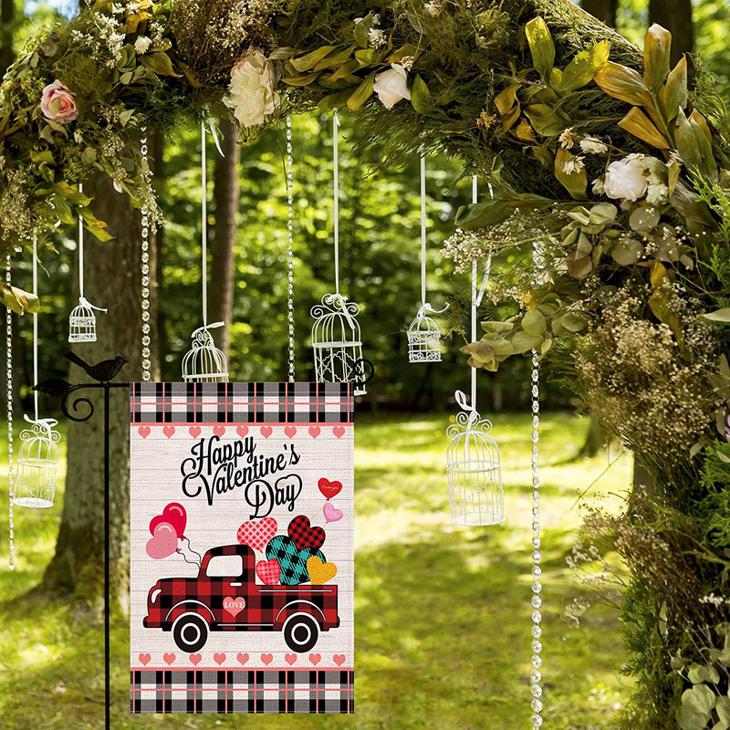 Happy Valentine'S Day Garden Flag for Outside,12×18 Inch Double Sided Burlap,Black and White Buffalo Plaid Truck with Love Heart,Valentine Day Yard Decors for Outdoor Anniversary Wedding Farmhouse
