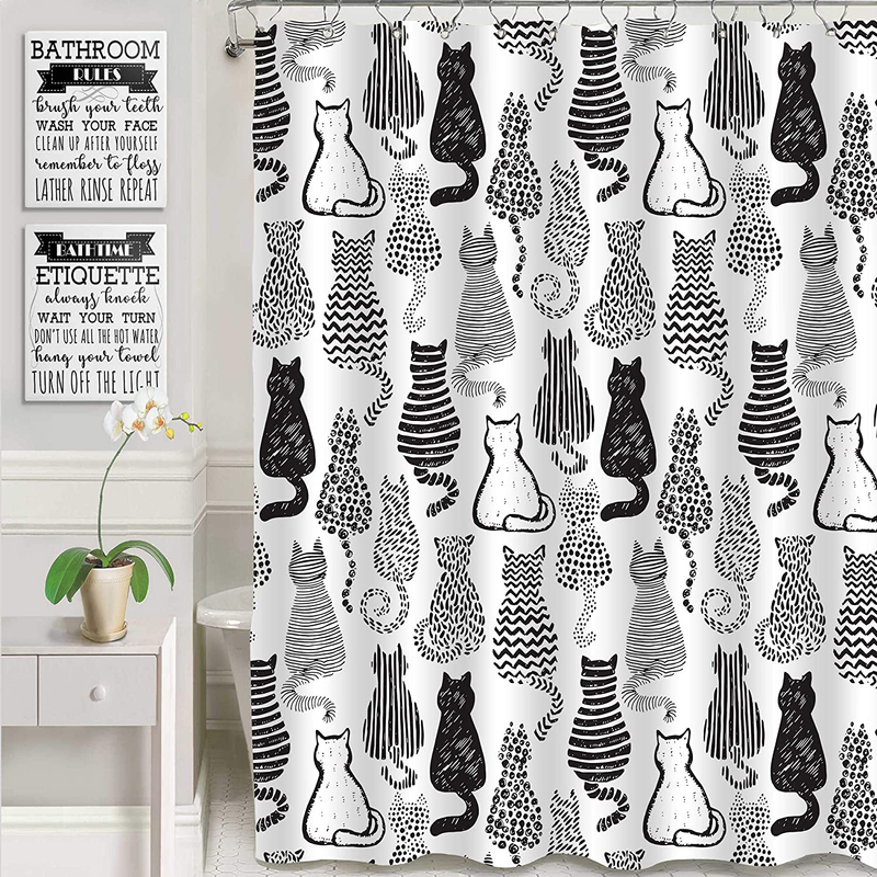 MitoVilla Cat Shower Curtain for Cat Bathroom Decor, Abstract Kitten with Cute Tail Bathroom Accessories, Cat Themed Gifts for Women, Men, Kid Girls and Cat Lovers, Black and White, 72" W x 72" L Home & Garden > Decor > Seasonal & Holiday Decorations MitoVilla 72" W x 72" L  