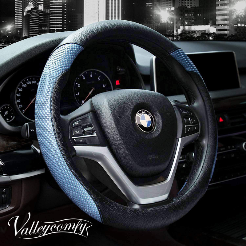 Valleycomfy Microfiber Leather Steering Wheel Cover Universal 15 inch (Black) Vehicles & Parts > Vehicle Parts & Accessories > Vehicle Maintenance, Care & Decor > Vehicle Decor > Vehicle Steering Wheel Covers Valleycomfy D Blue Medium(Standard) Size[14.5"-15"] 
