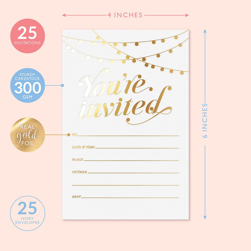 Party Invitations! 25 Gold Foil Traditional Invitations with Envelopes, Wedding, Baby and Bridal Shower Invite, Housewarming Birthday and Girls Quinceanera Invites Arts & Entertainment > Party & Celebration > Party Supplies > Invitations Sweetzer & Orange   