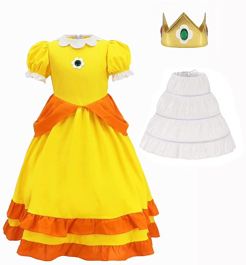 Super Brothers Princess Peach Costume With Crown For Kids Girls Halloween Party Dress Up Apparel & Accessories > Costumes & Accessories > Costumes ugoccam Princess Daisy Yellow Girl-120(Height:47-51Inch) 