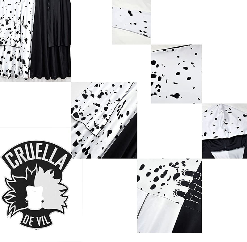 Kids Teens Girls Cruella Deville Costume Halloween Fashion Cloak Cosplay Dress with Gloves Age 5-15 Apparel & Accessories > Costumes & Accessories > Costumes Fayyyykids   