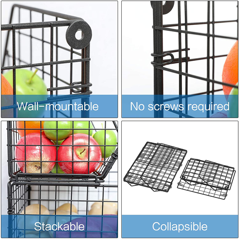 Fruit and Vegetable Basket,2-Tier Wall-Mounted & Countertop Tiered Baskets for Potato Onion Storage,Stackable Kitchen Wire Storage Baskets for Fruit Veggies Produce Snack Canned Foods,Black Home & Garden > Kitchen & Dining > Food Storage X-cosrack   