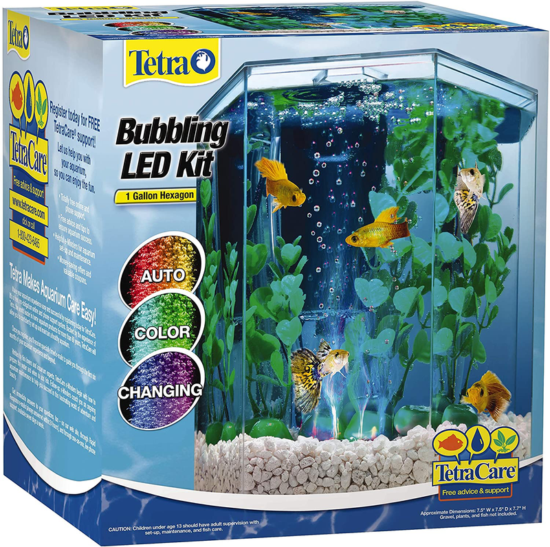Tetra Bubbling LED Aquarium Kit 1 Gallon, Hexagon Shape, With Color-Changing Light Disc