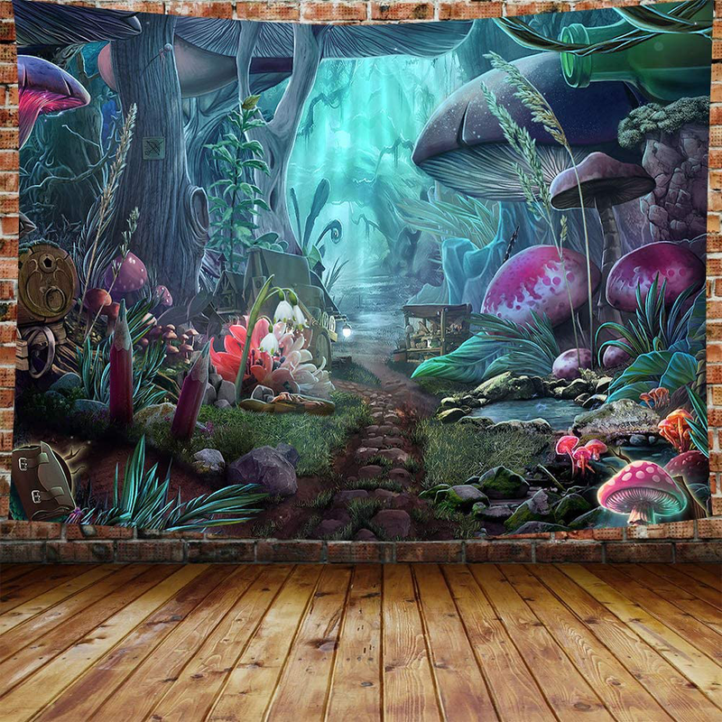 DBLLF Psychedelic Game Mushroom Castle Tapestry Large 80"x 60" Cotton Art Tapestries Fairy Tale Forest Tapestry for Bedroom Living Room Dorm DBLS774 Home & Garden > Decor > Artwork > Decorative TapestriesHome & Garden > Decor > Artwork > Decorative Tapestries DBLLF Green 80Wx60L 
