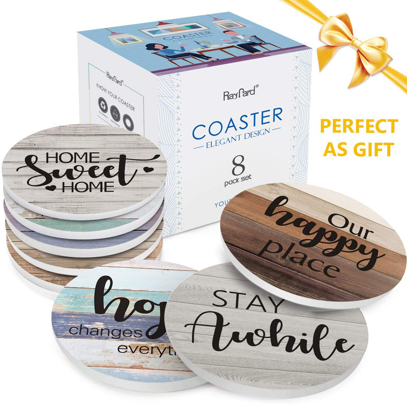RayPard Absorbent Coasters Stone Coaster Set of 8, Cork Base, with Holder, Wood Look, Farmhouse Country Life Outdoor for Housewarming Apartment Kitchen Room Bar Décor, Rustic Style (Black Holder) Home & Garden > Decor > Seasonal & Holiday Decorations RayPard   
