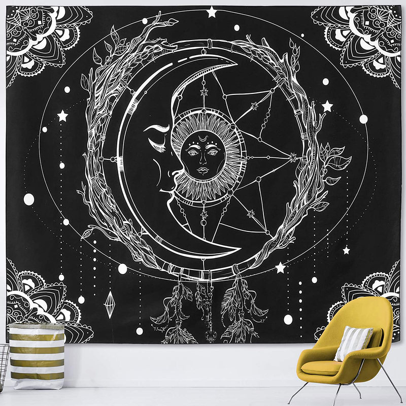 Sun Moon Tapestry Psychedelic Waves Black and White Tapestries Wall Hanging Bohemian Tapestry for Bedroom Aesthetic Black Mandala Indian Home Decor(51" x 59") Home & Garden > Decor > Artwork > Decorative Tapestries eyeJOY Moon Sun Black and White 51" x 59" 