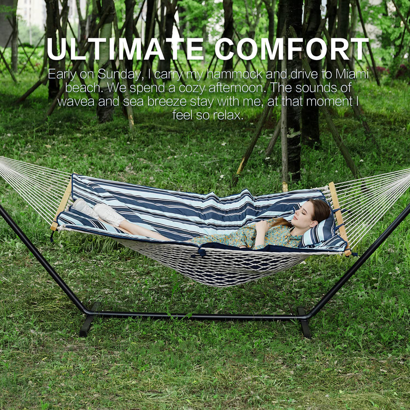 PNAEUT Large Double Hammock with Stand Included 2 Person Heavy Duty 2 People Rope Hammocks and Stand for Outdoor Porch Patio Garden Outside with Pillow and Pad Max 450lb Capacity (Blue) Home & Garden > Lawn & Garden > Outdoor Living > Hammocks PNAEUT   