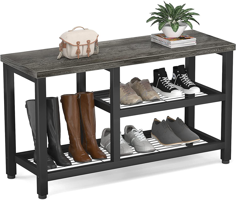 Homfio Shoe Rack, 3 Tier Shoe Rack Bench, Industrial Shoe Storage Organizer, Entry Bench, 3-Tier Metal Shoe Rack Shelves with MDF Top Board, Entryway Table for Hallway, Living Room, Closet, Bedroom Furniture > Cabinets & Storage > Armoires & Wardrobes Topfurny Black Oak Small 