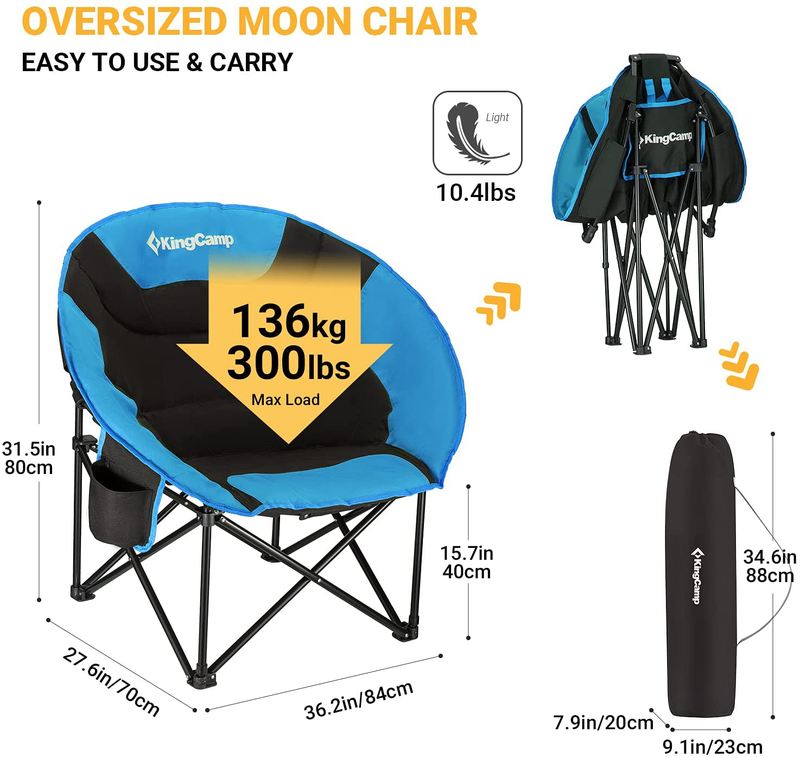 Kingcamp Oversized Saucer round Camping Chair Portable Padded Outdoor Folding Chair for Adult with Cup Holder Back Pocket Carry Bag, Support up to 300Lbs Sporting Goods > Outdoor Recreation > Camping & Hiking > Camp Furniture KingCamp   