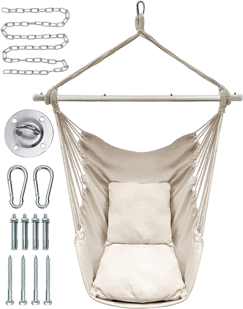 FiveJoy Hammock Chair Hanging Rope Swing, Hammock Swing Chair with Premium Carbon Steel Spreader Bar, Max 330 Lbs, 2 Cushions Included, Macrame Hanging Chair for Indoor, Outdoor, Beige Home & Garden > Lawn & Garden > Outdoor Living > Hammocks FiveJoy Default Title  