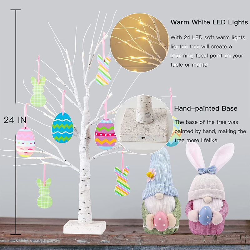ESTTOP 24” 2FT Easter Lighted Birch Tree Decoration with 8 Egg& Bunny Ornaments Battery Powered Timer Artificial Branch Tree Easter Decor for Indoor