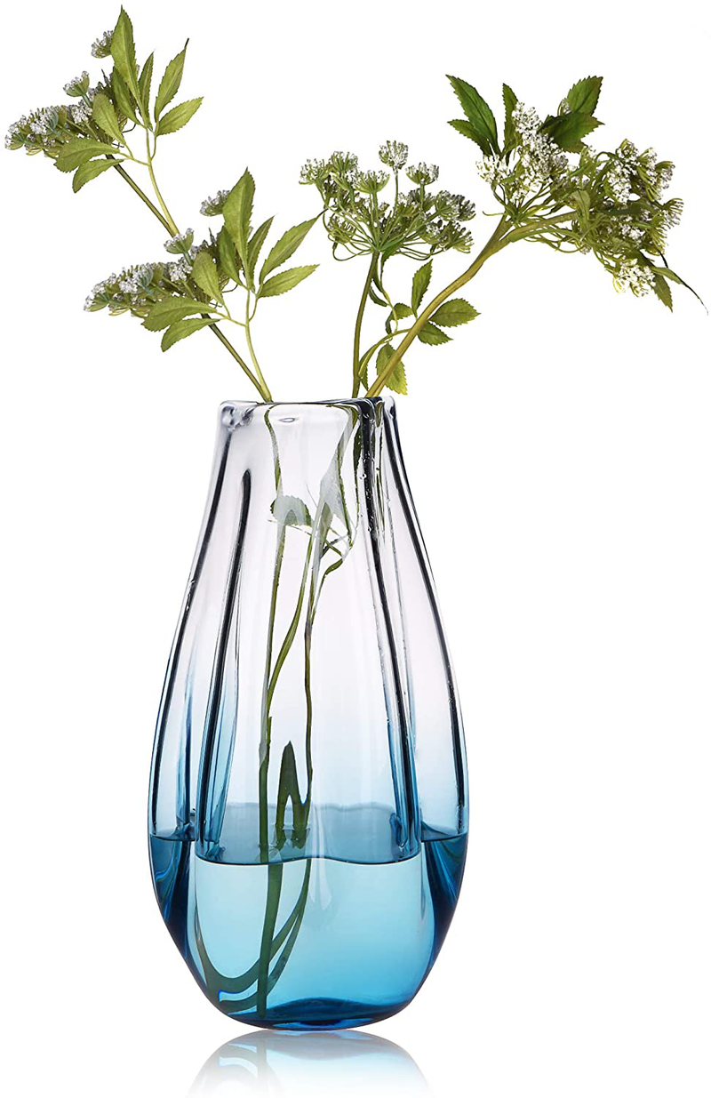 CONVIVA Glass Vase Hand Blown for Flower Centerpiece Home Decorative Tabletop Solid Blue Color Organic Wrinkle Shape for Living Room Kitchen Dining Porch Bookcase Gift Decor 13 inch H Home & Garden > Decor > Vases CONVIVA Blue 13'' H 