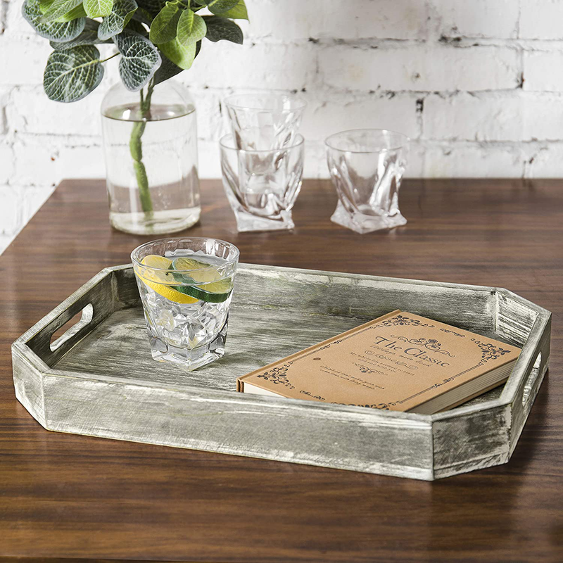 MyGift Rustic Dark Gray Wood Serving Breakfast Tray, Ottoman Coffee Table Tray with Cut-out Handles and Angled Edges Home & Garden > Decor > Decorative Trays MyGift   