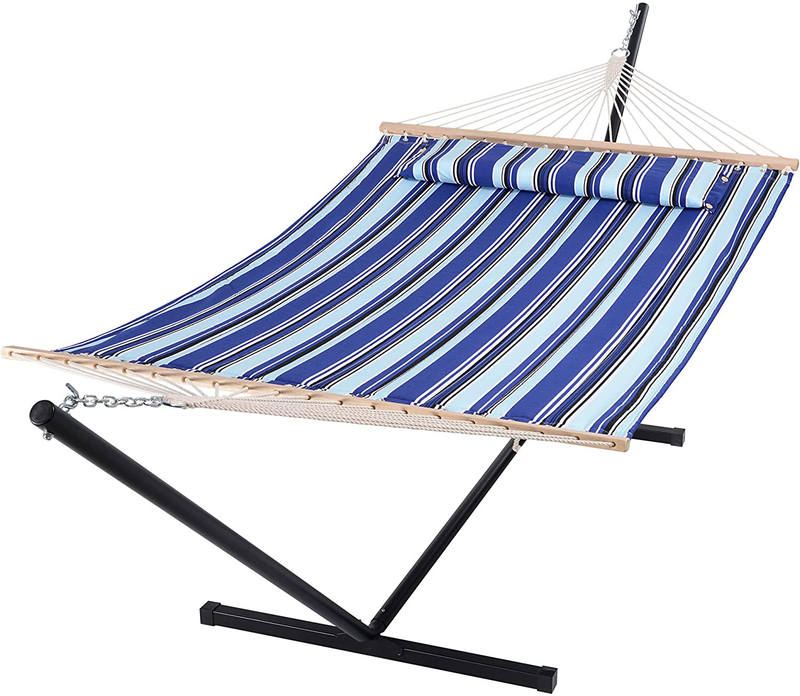 SUNCREAT 55 Inch Extra Large Double Hammock with Stand, 475lbs Capacity, Outdoor Portable Hammock with Hardwood Spreader Bar, Extra Large Pillow, Grey Home & Garden > Lawn & Garden > Outdoor Living > Hammocks SUNCREAT Blue Stripes  