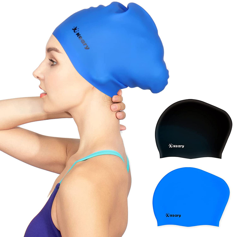Keary 2 Pack Updated Silicone Swim Cap for Long Hair Women Girl Waterproof Bathing Pool Swimming Cap Cover Ears to Keep Your Hair Dry, 3D Soft Stretchable Durable and Anti-Slip, Easy to Put On and Off Sporting Goods > Outdoor Recreation > Boating & Water Sports > Swimming > Swim Caps Keary Black & Blue【M】  