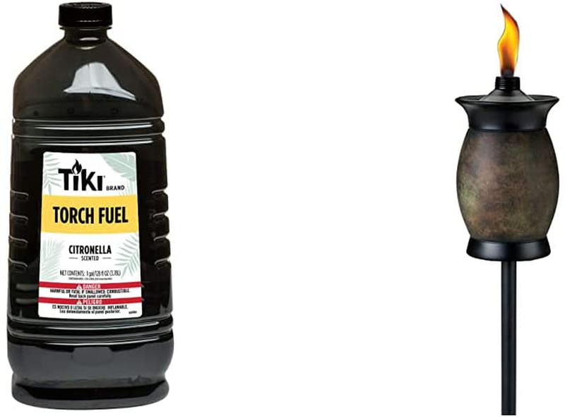 TIKI Brand Citronella Scented Torch Fuel, 1 Gallon & Brand 64-inch Resin Jar Torch 4-in-1 Stone Color