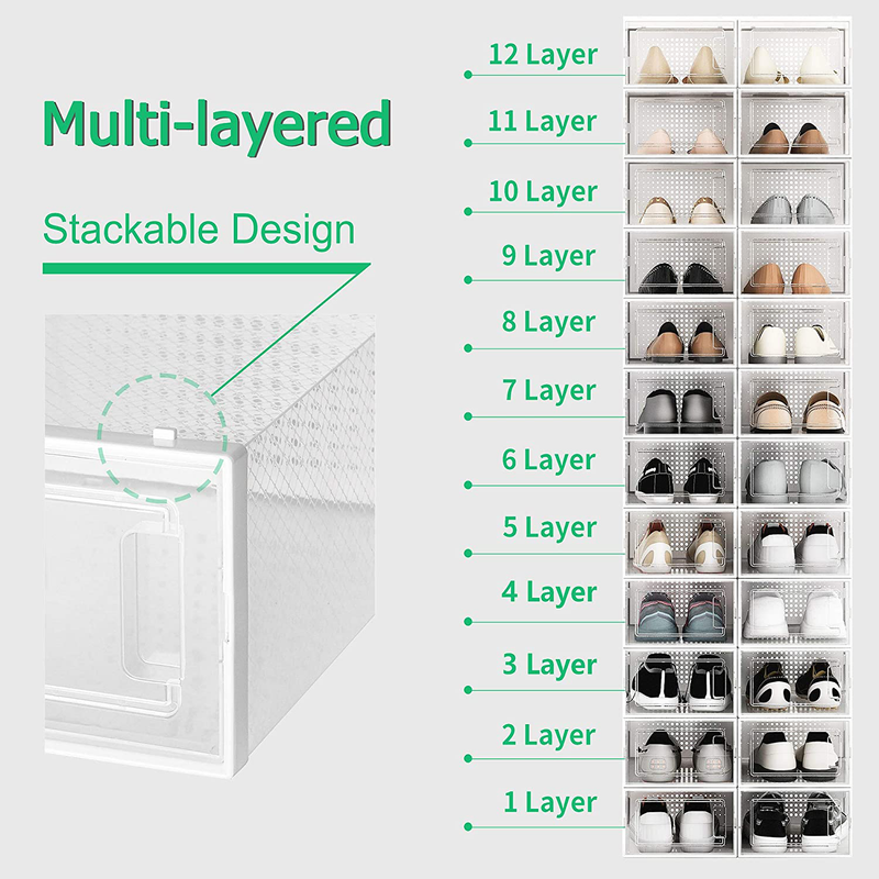 Qualiapex Shoe Storage Boxes, Clear Plastic Stackable Shoe Organizer, Foldable Storage Bins Shoe Container Box, 12 Pack - White Furniture > Cabinets & Storage > Armoires & Wardrobes QualiapeX   