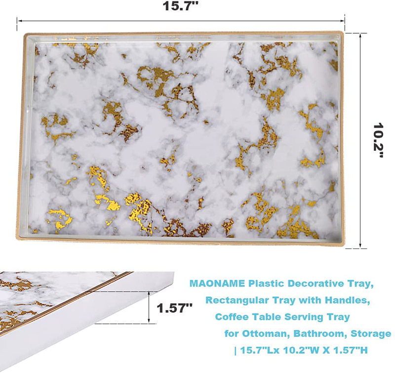 MAONAME Plastic Decorative Tray, Rectangular Marbling Tray with Handles, Coffee Table Serving Tray for Ottoman, Bathroom, Storage | 15.7" Lx 10.2" W X 1.57" H