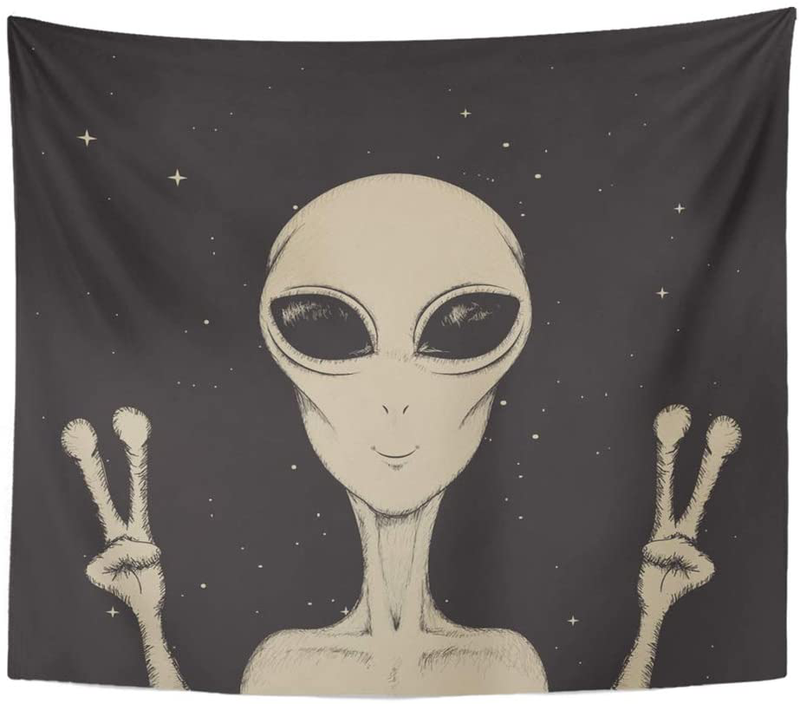 Emvency Tapestry Wall Hanging Drawing Alien Showing Peace Sign Space Life Color Paranormal UFO Astronomic 50" x 60" Home Decor Art Tapestries for Bedroom Living Room Dorm Apartment Home & Garden > Decor > Artwork > Decorative Tapestries Emvency 50"W x 60"L  