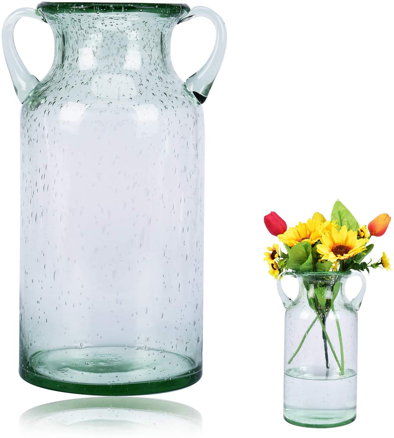 QUECAOCF Elegant Flower Glass Vase with Handle, Handmade Double Ear Air Bubbles Glass Vase for Centerpiece Home and Wedding Indoor and Outdoor Decorative Home & Garden > Decor > Vases Sheng Litong Green Large 