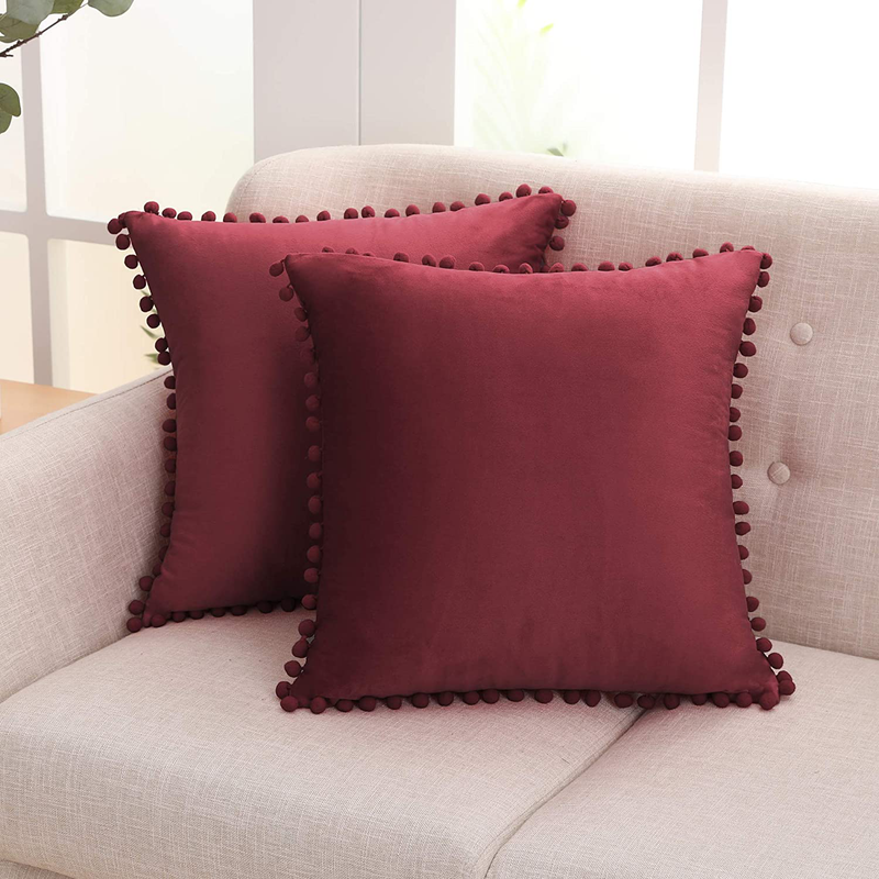 Deconovo Decorative Throw Pillow Covers Soft Velvet Outdoor Cushion Covers 18 X 18 Inch with Pom Poms for Sofa Bed, Set of 2, Cream White Home & Garden > Decor > Chair & Sofa Cushions Deconovo Burgundy 22x22 Inch 