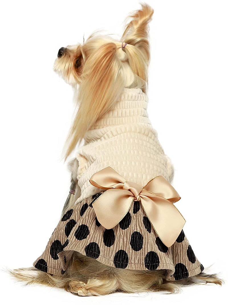Fitwarm Vintage Polka Dot Dog Dress Lightweight Velvet Girl Puppy Clothes Turtleneck One-Piece with Bowknot Pet Clothes for Birthday Party Doggy Gown Doggie Outfits Cat Apparel Animals & Pet Supplies > Pet Supplies > Dog Supplies > Dog Apparel Fitwarm Khaki XS 