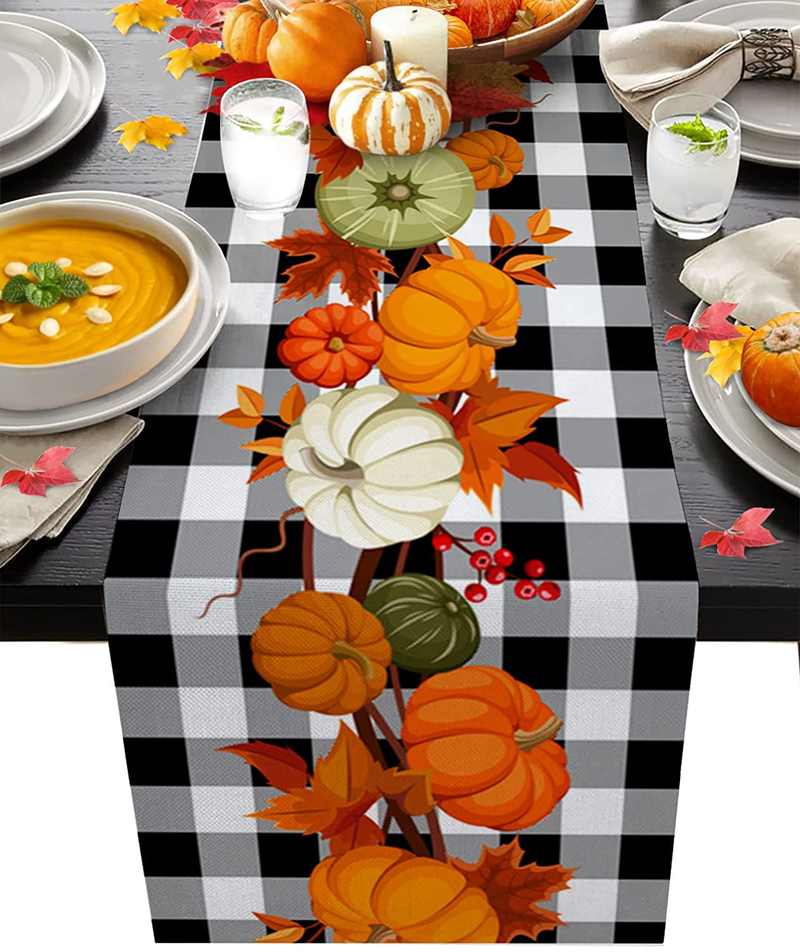Meet 1998 Cotton Linen Table Runner Thanksgiving Pumpkin Fall Leaf Rectangle Tops Collection Black White Plaid Setting Decorations for Dinner Wedding Birthday Party Baby Shower -13X90 Inch Home & Garden > Decor > Seasonal & Holiday Decorations Meet 1998 13 x 90inch(33x229cm)  