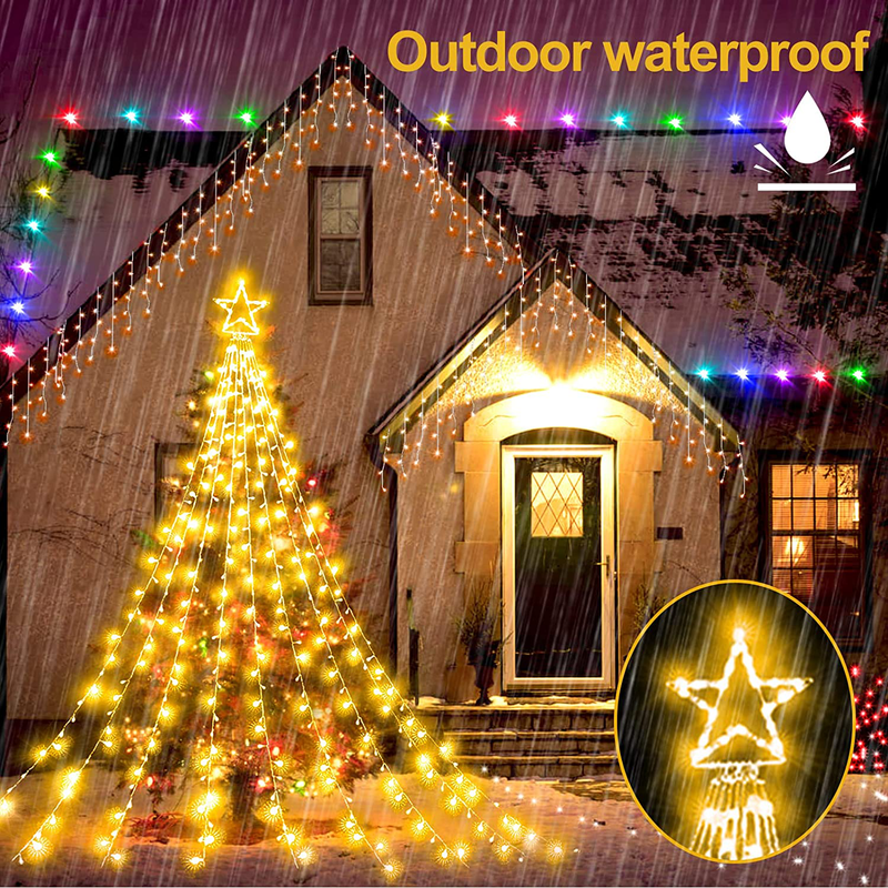 Outdoor Christmas Decorations Star Light,16.4 ft 344 LED Waterfall Tree Lights with Topper Star String Lights Plug in ,8 Lighting Mode Christmas Star Lights for Party Home Holiday Decor(Warm White) Home & Garden > Decor > Seasonal & Holiday Decorations& Garden > Decor > Seasonal & Holiday Decorations Linhai Baoguang Lighting Co., Ltd   
