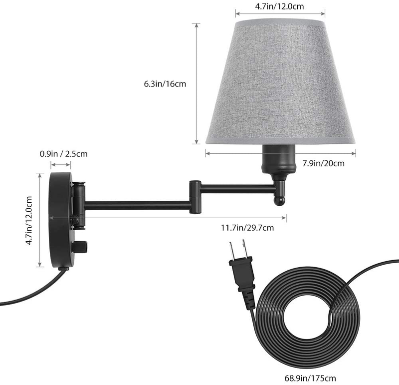 Plug in Wall Light Set of 2, Dimmable Wall Sconce, Swing Arm Wall Fixture with Gray Linen Lampshade, Modern Bedroom Wall Lights Fixtures,Bedside Reading Lamp Home & Garden > Lighting > Lighting Fixtures > Wall Light Fixtures KOL DEALS   