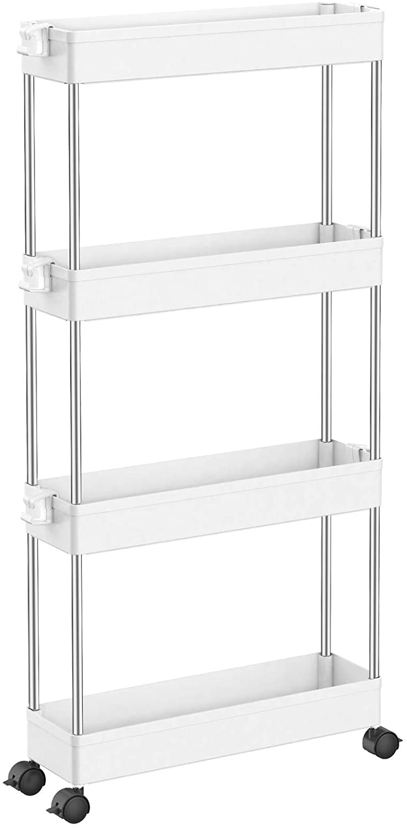 SPACEKEEPER Storage Cart 4 Tier Slim Mobile Shelving Unit Organizer Slide Out Storage Rolling Utility Cart Tower Rack for Kitchen Bathroom Laundry Narrow Places, Plastic & Stainless Steel, Gray Home & Garden > Household Supplies > Storage & Organization SPACEKEEPER White  