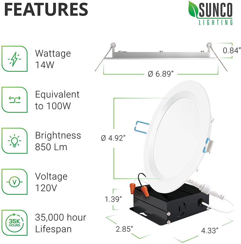 Sunco Lighting 12 Pack 6 Inch Slim LED Downlight, Baffle Trim, Junction Box, 14W=100W, 850 LM, Dimmable, 6000K Daylight Deluxe, Recessed Jbox Fixture, IC Rated, Retrofit Installation - ETL